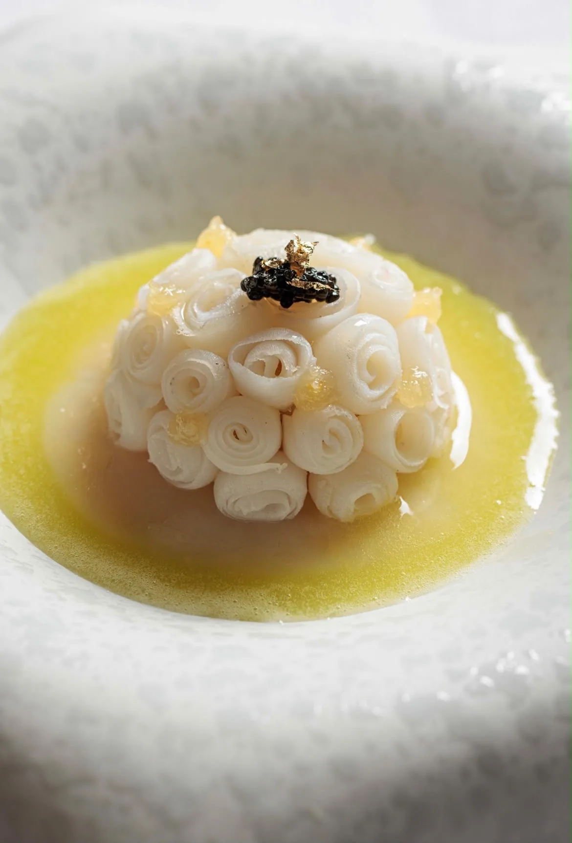 Composizione di piccoli anelli di pasta con guarnizione scura su salsa gialla in un piatto fondo bianco