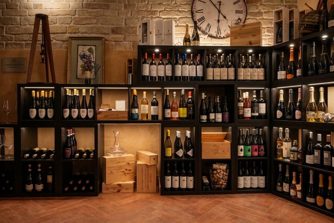 La cantina dei vini con scaffalature nere, cassette di legno e calici