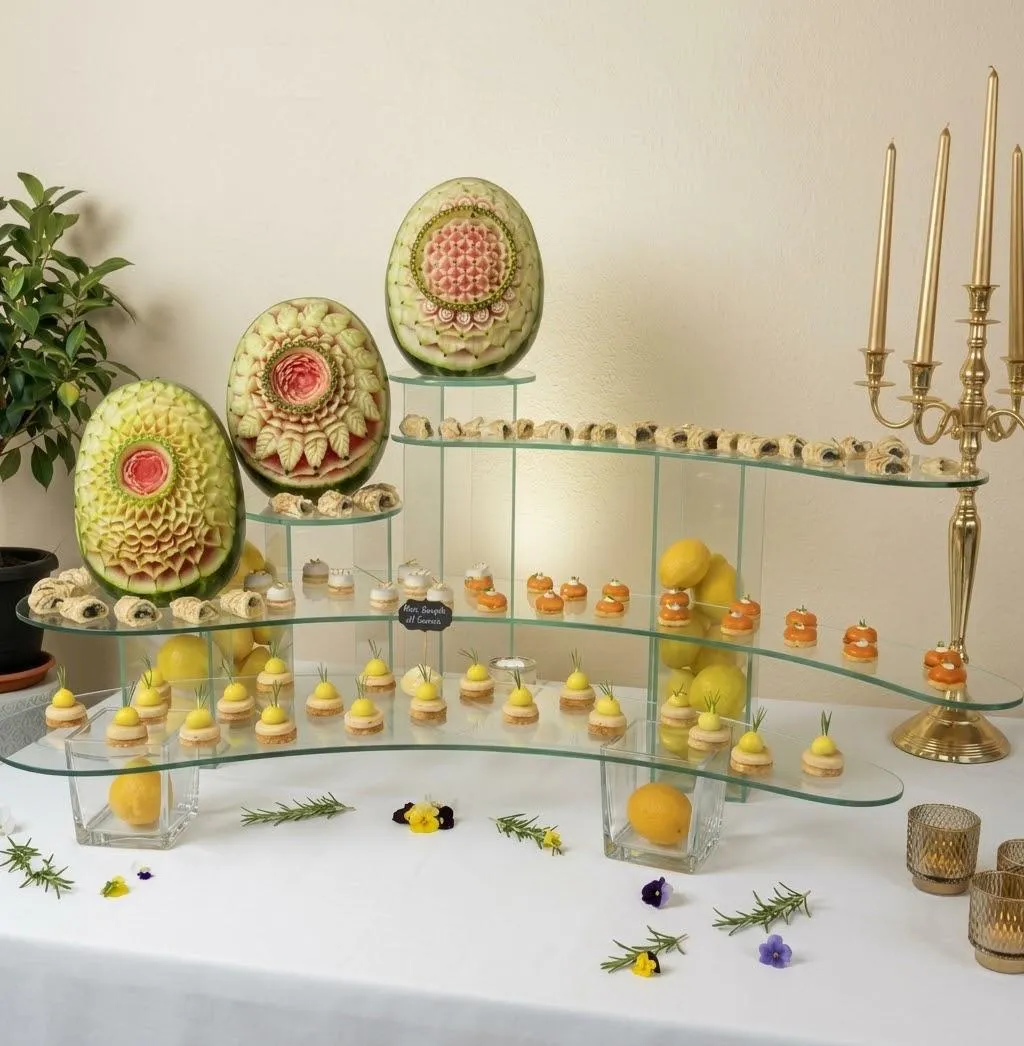 Buffet di frutta con angurie intagliate su alzate di vetro