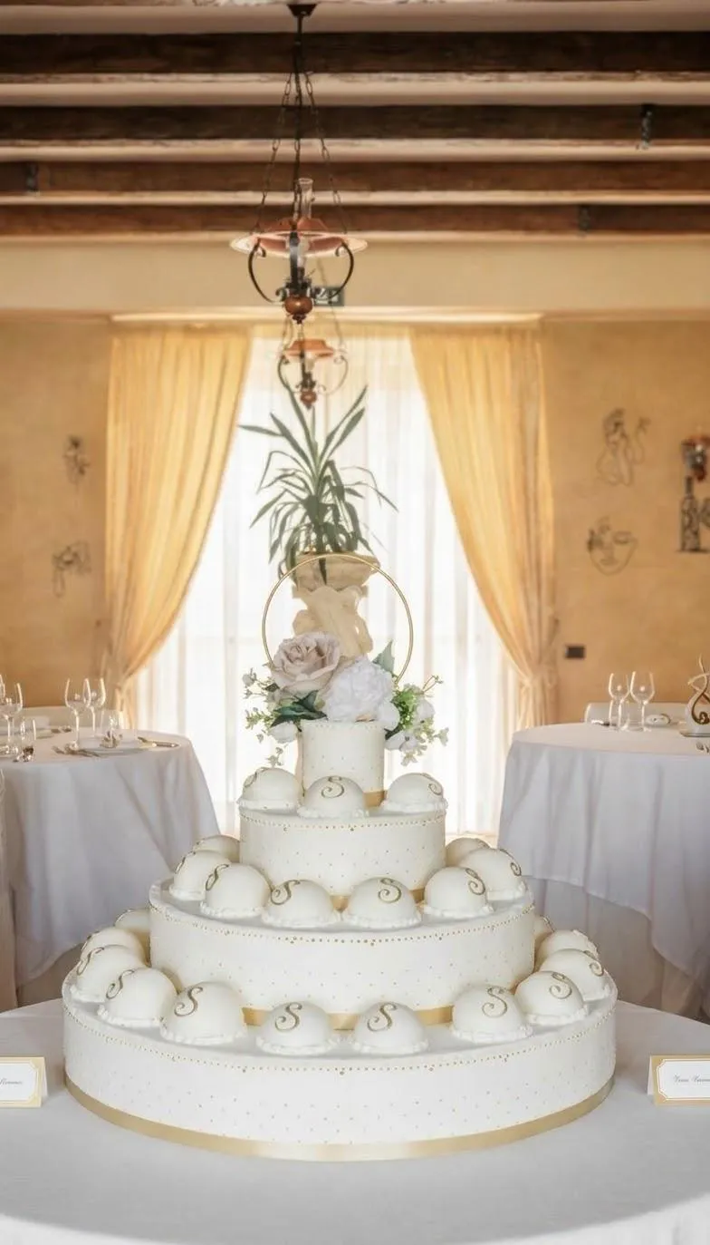 Torta bianca a piani decorata con lettere S nella sala del ristorante